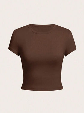 SHEIN Explorewe تي شيرت كاجوال كم قصير ذو رقبة دائرية بلون واحد للبنات المراهقات