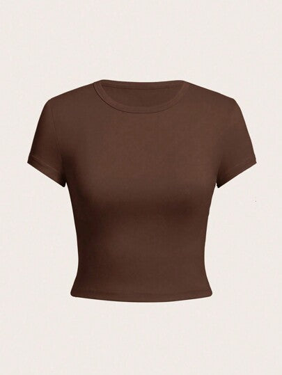 SHEIN Explorewe تي شيرت كاجوال كم قصير ذو رقبة دائرية بلون واحد للبنات المراهقات