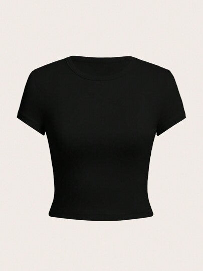 SHEIN Explorewe تي شيرت كاجوال كم قصير ذو رقبة دائرية بلون واحد للبنات المراهقات