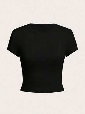 SHEIN Explorewe تي شيرت كاجوال كم قصير ذو رقبة دائرية بلون واحد للبنات المراهقات