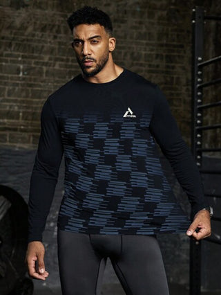 Manfinity Sport Corelite تي شيرت رياضي أكمام طويلة بخصر ضيق بطبعة مبهرة للرجال على طراز صديق