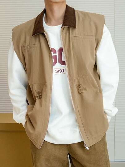 DAZY جاكيت رجالية بسحاب ذات لون واحد وبدون أكمام، جاكيت خريفي