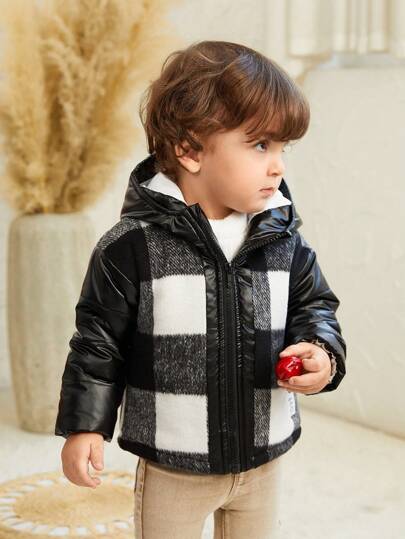 SHEIN معطف واق للبنين الرضع+ 2 سنة مبطن بالخيوط الحرارية مع غطاء، مفرود وسميك ودافئ للبرد الخارجي في درجات الحرارة من 0 إلى 10 درجة مئوية خلال فصل الشتاء