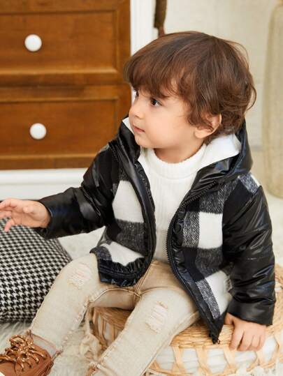 SHEIN معطف واق للبنين الرضع+ 2 سنة مبطن بالخيوط الحرارية مع غطاء، مفرود وسميك ودافئ للبرد الخارجي في درجات الحرارة من 0 إلى 10 درجة مئوية خلال فصل الشتاء