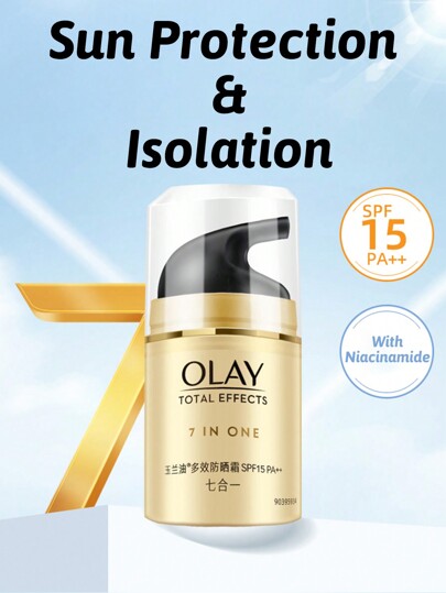 Olay الرطوبة و واقي شمس التأثير الكلي 7 في 1، حماية من الشمس، عزل للأشعة فوق البنفسجية، حماية داخلية وخارجية، 1 قطعة 50 جرام 1.75 أونصة، SPF15 PA ++، رائحة خفيفة، ملمس كريمي، يمتص بسهولة، متعدد الاستخدامات، الأساس أخضر والفيتامين ه-.