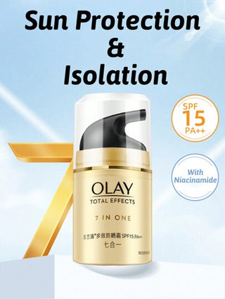 Olay الرطوبة و واقي شمس التأثير الكلي 7 في 1، حماية من الشمس، عزل للأشعة فوق البنفسجية، حماية داخلية وخارجية، 1 قطعة 50 جرام 1.75 أونصة، SPF15 PA ++، رائحة خفيفة، ملمس كريمي، يمتص بسهولة، متعدد الاستخدامات، الأساس أخضر والفيتامين ه-.