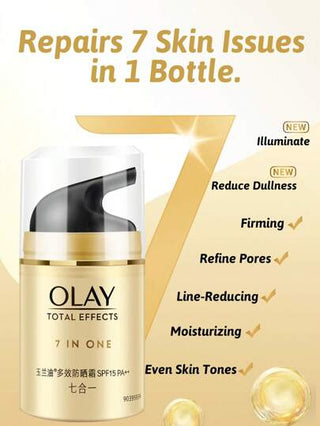 Olay الرطوبة و واقي شمس التأثير الكلي 7 في 1، حماية من الشمس، عزل للأشعة فوق البنفسجية، حماية داخلية وخارجية، 1 قطعة 50 جرام 1.75 أونصة، SPF15 PA ++، رائحة خفيفة، ملمس كريمي، يمتص بسهولة، متعدد الاستخدامات، الأساس أخضر والفيتامين ه-.