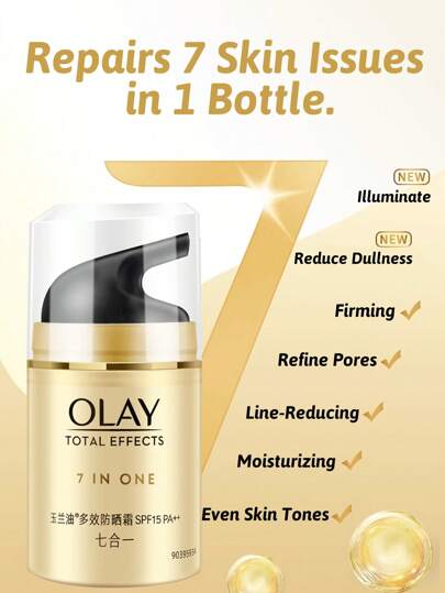 Olay الرطوبة و واقي شمس التأثير الكلي 7 في 1، حماية من الشمس، عزل للأشعة فوق البنفسجية، حماية داخلية وخارجية، 1 قطعة 50 جرام 1.75 أونصة، SPF15 PA ++، رائحة خفيفة، ملمس كريمي، يمتص بسهولة، متعدد الاستخدامات، الأساس أخضر والفيتامين ه-.