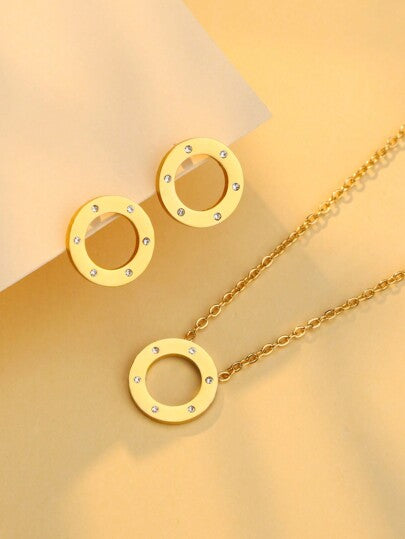 1 مجموعة / 3 قطع مجموعة مجوهرات عيد الميلاد 2025 جديد من الخواتم الرقمية الرومانية بلون ذهبي من الفولاذ المقاوم للصدأ مرصعة بالزركونيا، قلادة وأقراط للزفاف