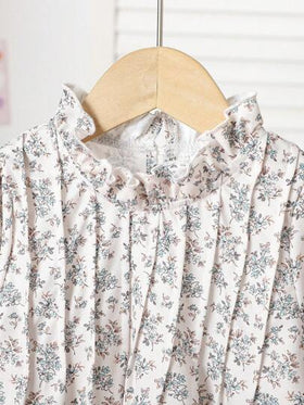 SHEIN Vintaside Kids 2 قطعة/مجموعة قميص مزين بالأزهار الصغيرة مع أكمام مجعدة وياقة مضاعفة وبنطلون بساق واسعة مصنوع من الفلفت الأنيق لفتاة