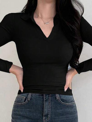 DAZY تي شيرت بياقة بولو طويل الأكمام ضيق ذو موحد اللون مناسب للصيف للنساء