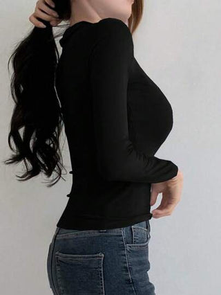 DAZY تي شيرت بياقة بولو طويل الأكمام ضيق ذو موحد اللون مناسب للصيف للنساء