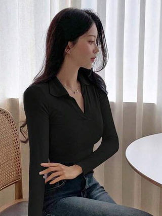 DAZY تي شيرت بياقة بولو طويل الأكمام ضيق ذو موحد اللون مناسب للصيف للنساء