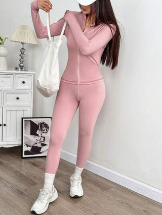 EZwear طقم جاكيت وسراويل ضيقة للنساء للرياضة، مزود بياقة عالية وخياطة متباينة، لون وردي