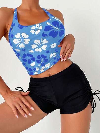 طقم تانكيني حريمي Swim Lushoire مجموعة بيكيني ذو شريط جانبي مخمل بطبعة زهور شاطئية صيفية