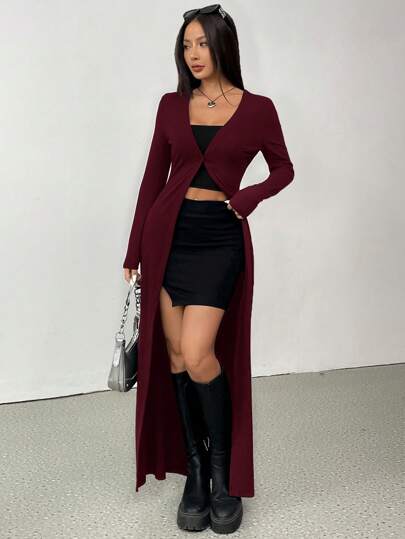 SHEIN EZwear معطف كاجوال طويل أنيق أحادي اللون ، ملائم للسيدات، خريفي
