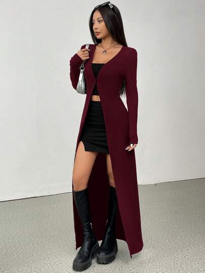 SHEIN EZwear معطف كاجوال طويل أنيق أحادي اللون ، ملائم للسيدات، خريفي