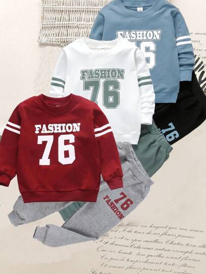 SHEIN Explorewe طقم كاجوال رياضي 6 قطع للفتى الصغير، بطبعة الرقم 76 والحروف، بلوزة سويتر وبنطلون طويل، ملابس مناسبة للارتداء اليومي، المدرسة، الخارج، الرياضة، في فصلي الربيع والخريف
