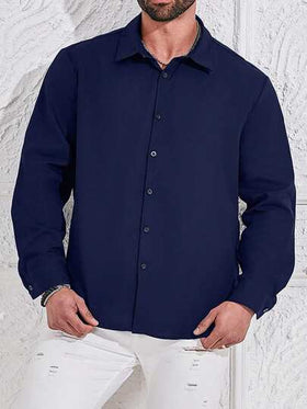 Manfinity Homme قميص كاجوال بأكمام طويلة ذو لون أحادي للرجال كبار الحجم، مناسب للخريف