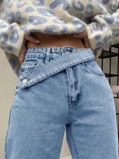 جينز كاجوال مع جيوب جانبية مزين بحزام غير متماثل مغسول للنساء، ربيعي