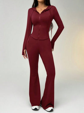 SHEIN EZwear طقم قطعتين من الملابس النشطة، شورت بسحاب وهودي محصور الخصر بلون صلب وبنطال متسع الساق