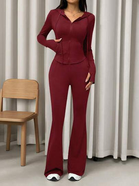 SHEIN EZwear طقم قطعتين من الملابس النشطة، شورت بسحاب وهودي محصور الخصر بلون صلب وبنطال متسع الساق