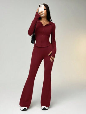 SHEIN EZwear طقم قطعتين من الملابس النشطة، شورت بسحاب وهودي محصور الخصر بلون صلب وبنطال متسع الساق