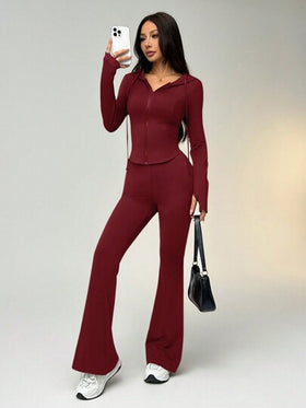 SHEIN EZwear طقم قطعتين من الملابس النشطة، شورت بسحاب وهودي محصور الخصر بلون صلب وبنطال متسع الساق