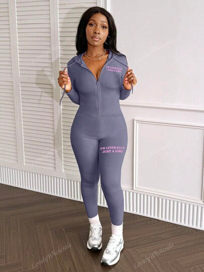 LovelyWholesale مجموعة جاكيت وبنطلون ضيق رياضية للنساء بأكمام طويلة وسحاب وطباعة حرفية للربيع والخريف