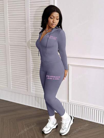 LovelyWholesale مجموعة جاكيت وبنطلون ضيق رياضية للنساء بأكمام طويلة وسحاب وطباعة حرفية للربيع والخريف