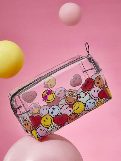 SmileyWorld® | SHEIN حقيبة مكياج شفافة بطبعة وجه كرتوني