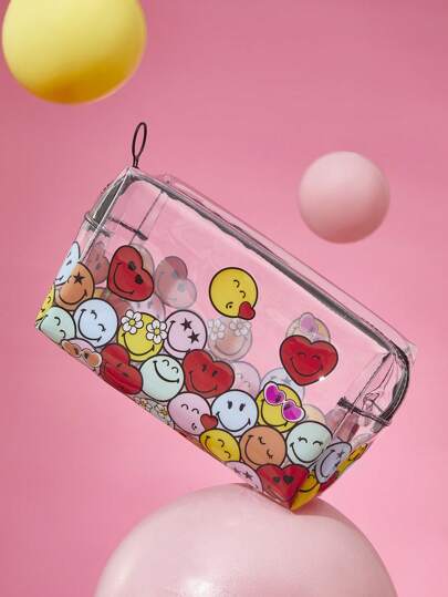 SmileyWorld® | SHEIN حقيبة مكياج شفافة بطبعة وجه كرتوني