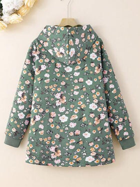 SHEIN Vintaside Kids معطف متوسط الطول سميك مبطن مزخرف بزهور عتيقة بقلنسوة للفتيات المراهقات ، للخريف/الشتاء ،العطلات ،الصيف، السفر