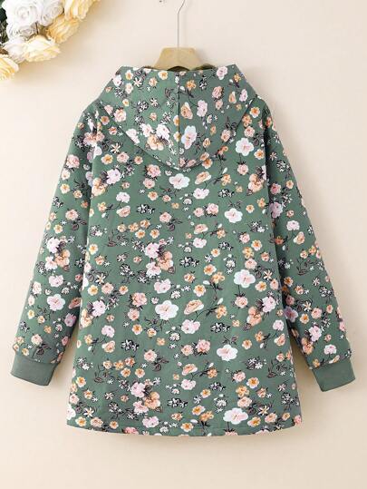 SHEIN Vintaside Kids معطف متوسط الطول سميك مبطن مزخرف بزهور عتيقة بقلنسوة للفتيات المراهقات ، للخريف/الشتاء ،العطلات ،الصيف، السفر