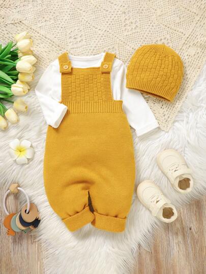 SHEIN Vintaside Kids جمبسوت رضيع ولد خضراء بسيطة كاجوال رجعية مزودة بقبعة