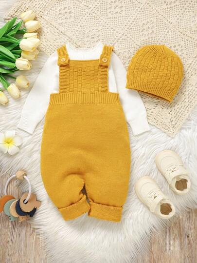 SHEIN Vintaside Kids جمبسوت رضيع ولد خضراء بسيطة كاجوال رجعية مزودة بقبعة