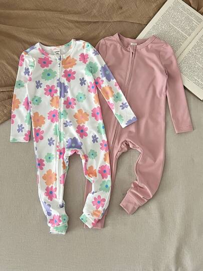 SHEIN LMoss Kids طقم جمبسوت رضيع بناتي جميلة بطبعة زهرية محبوكة مرنة بأكمام طويلة، لفصلي الخريف والشتاء