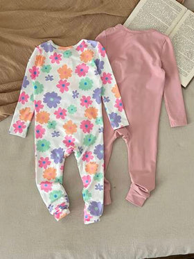 SHEIN LMoss Kids طقم جمبسوت رضيع بناتي جميلة بطبعة زهرية محبوكة مرنة بأكمام طويلة، لفصلي الخريف والشتاء