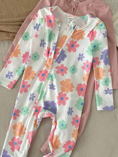 SHEIN LMoss Kids طقم جمبسوت رضيع بناتي جميلة بطبعة زهرية محبوكة مرنة بأكمام طويلة، لفصلي الخريف والشتاء