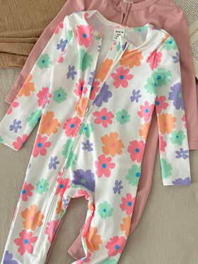 SHEIN LMoss Kids طقم جمبسوت رضيع بناتي جميلة بطبعة زهرية محبوكة مرنة بأكمام طويلة، لفصلي الخريف والشتاء