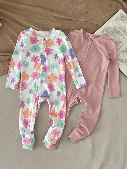 SHEIN LMoss Kids طقم جمبسوت رضيع بناتي جميلة بطبعة زهرية محبوكة مرنة بأكمام طويلة، لفصلي الخريف والشتاء