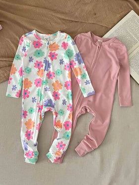 SHEIN LMoss Kids طقم جمبسوت رضيع بناتي جميلة بطبعة زهرية محبوكة مرنة بأكمام طويلة، لفصلي الخريف والشتاء