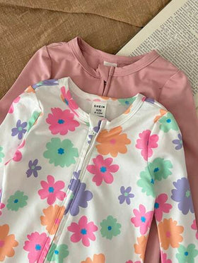SHEIN LMoss Kids طقم جمبسوت رضيع بناتي جميلة بطبعة زهرية محبوكة مرنة بأكمام طويلة، لفصلي الخريف والشتاء