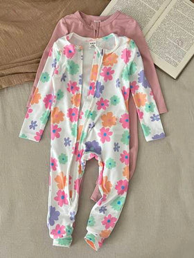 SHEIN LMoss Kids طقم جمبسوت رضيع بناتي جميلة بطبعة زهرية محبوكة مرنة بأكمام طويلة، لفصلي الخريف والشتاء