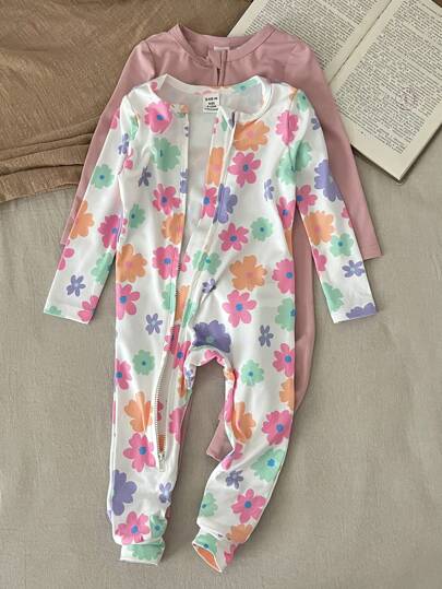 SHEIN LMoss Kids طقم جمبسوت رضيع بناتي جميلة بطبعة زهرية محبوكة مرنة بأكمام طويلة، لفصلي الخريف والشتاء