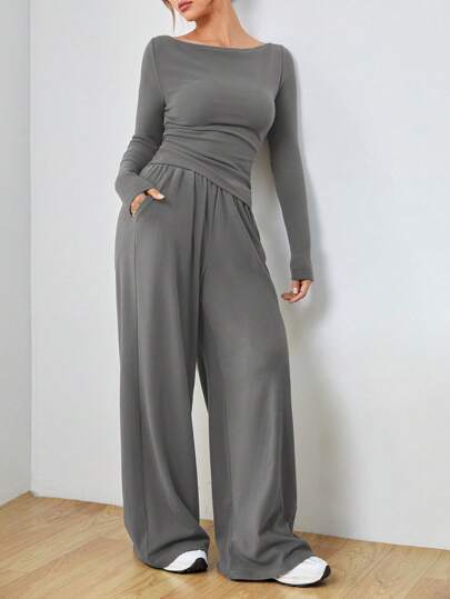 SHEIN EZwear مجموعة من الكنزة والبنطلون الرمادي الكاجوال المنسوجة للنساء ذات الأكمام الطويلة