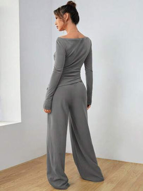 SHEIN EZwear مجموعة من الكنزة والبنطلون الرمادي الكاجوال المنسوجة للنساء ذات الأكمام الطويلة