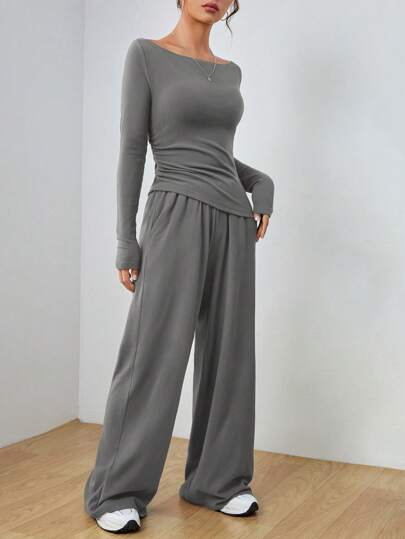 SHEIN EZwear مجموعة من الكنزة والبنطلون الرمادي الكاجوال المنسوجة للنساء ذات الأكمام الطويلة