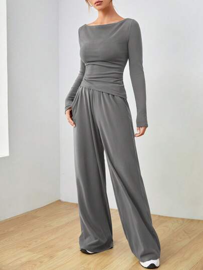 SHEIN EZwear مجموعة من الكنزة والبنطلون الرمادي الكاجوال المنسوجة للنساء ذات الأكمام الطويلة