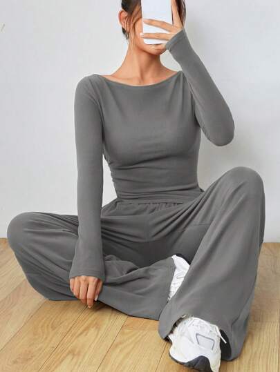 SHEIN EZwear مجموعة من الكنزة والبنطلون الرمادي الكاجوال المنسوجة للنساء ذات الأكمام الطويلة